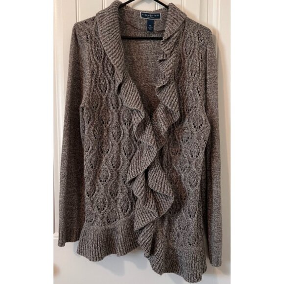 Karen Scott Sweaters - Karen Scott Petite XL Ruffle Cardigan Sweater Beige Marled Knit Cozy Open Front